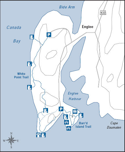 A 1½ - 2 hour moderate to strenuous 3.5 km trail across Englee Island through a "crooked forest". Turn left after bridge, follow harbour road to trailhead. Walk back through community.