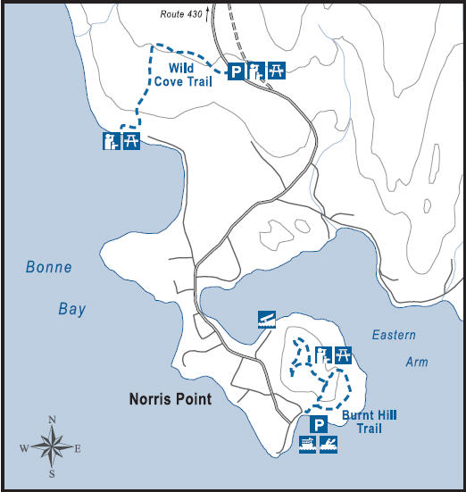 Burnt Hill Trail: The trail is located at the waterfront area of town. The hill is surrounded by water on three sides and the town on the other. It provides a spectacular view of Norris Point, the Tablelands and main arm of Bonne Bay. Burnt Hill Trail: The trail is located at the waterfront area of town. The hill is surrounded by water on three sides and the town on the other. It provides a spectacular view of Norris Point, the Tablelands and main arm of Bonne Bay.